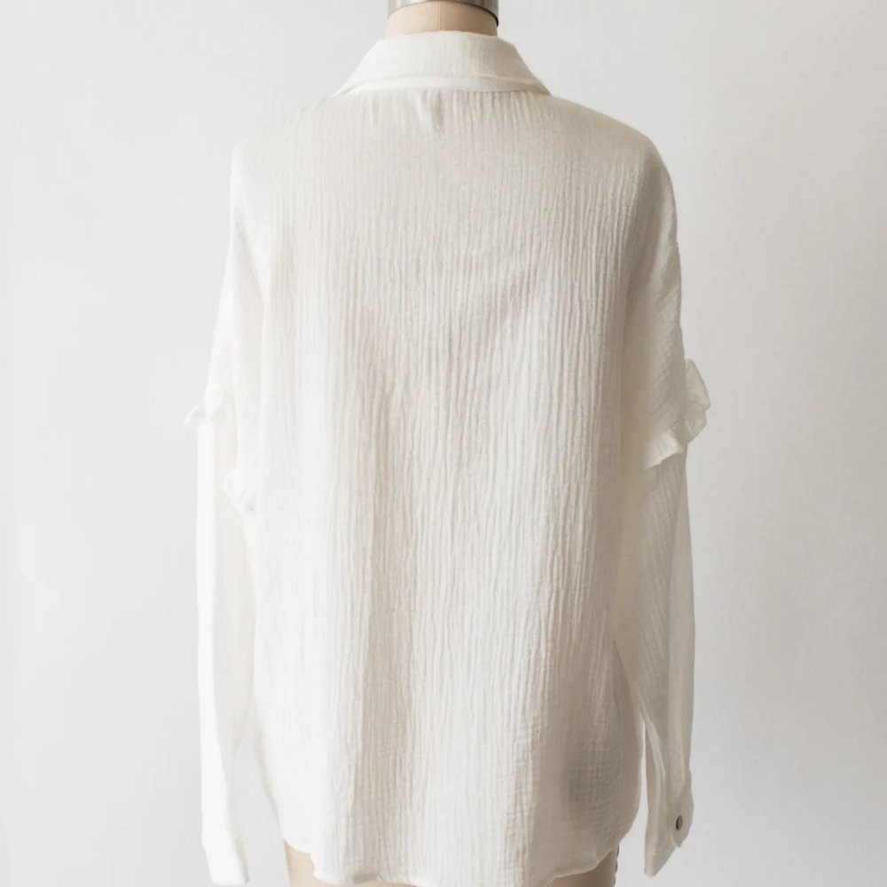Women's White Button Down Shirt with Ruffle Detail - Picture 3 of 12